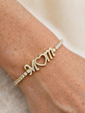 Gold-Tone 'Mom' Heart Pavé Bracelet Made With Swarvoski Elements